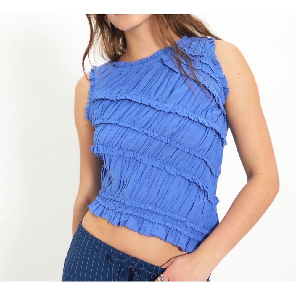 Free People Pink Sands Smocked Sleeveless Top Asymmetric Hem Blue Women Med NWT